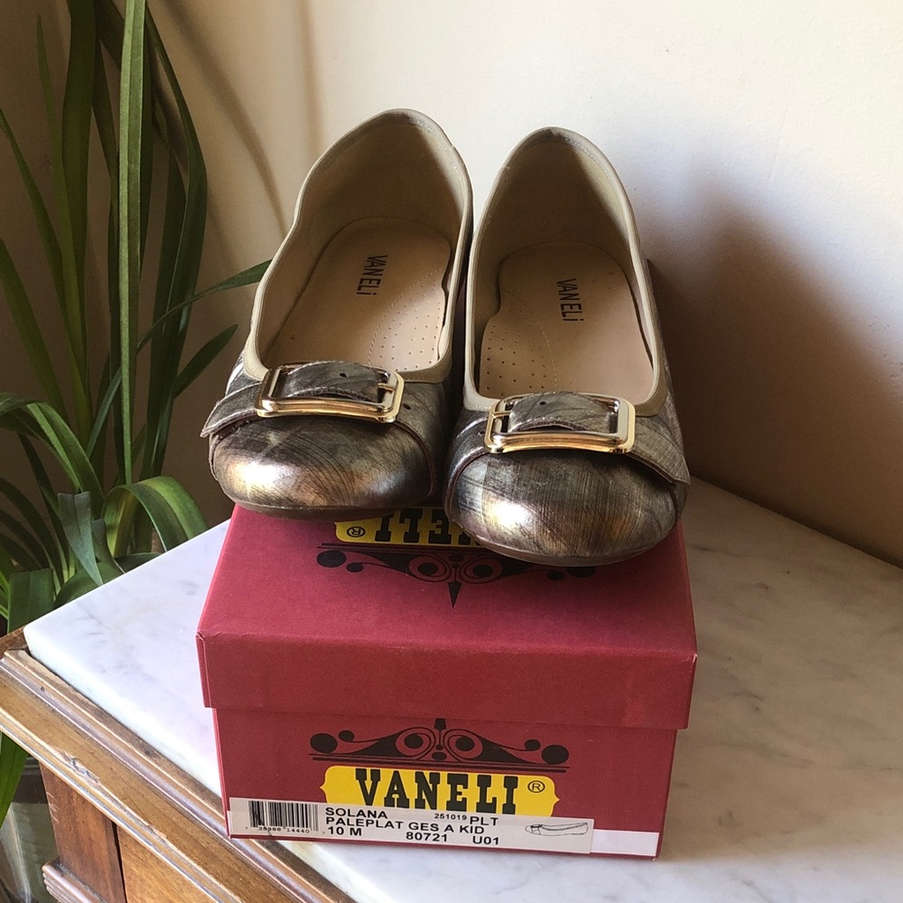 Vaneli Metallic Pale Platinum Rounded-Toe Flats with Buckle Accent